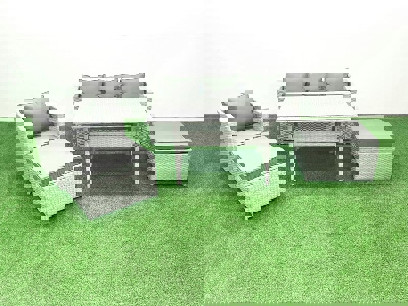 Fimous Rattan Garden Furniture Set Outdoor 6 Seater Patio Dining Sets with Glass Top Dining Table Light Grey Mixed