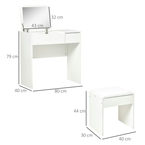 Wyld Haus Firazzi White Vanity Desk With Flip Mirror Drawer Storage And Cushioned Stool