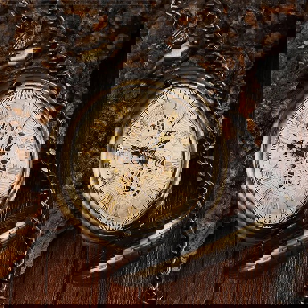 TruClothing Mechanical Skeleton Wooden Half Hunter Pocket Watch