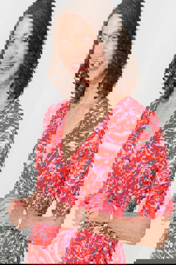 Orange | Printed Frill Wrap Knee Length Dress
