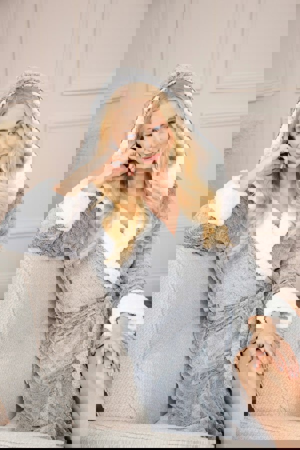 Camille Womens Dark Grey Deep Pile Full Length Fleece Bathrobe with Sherpa Lined Hood & Cuffs