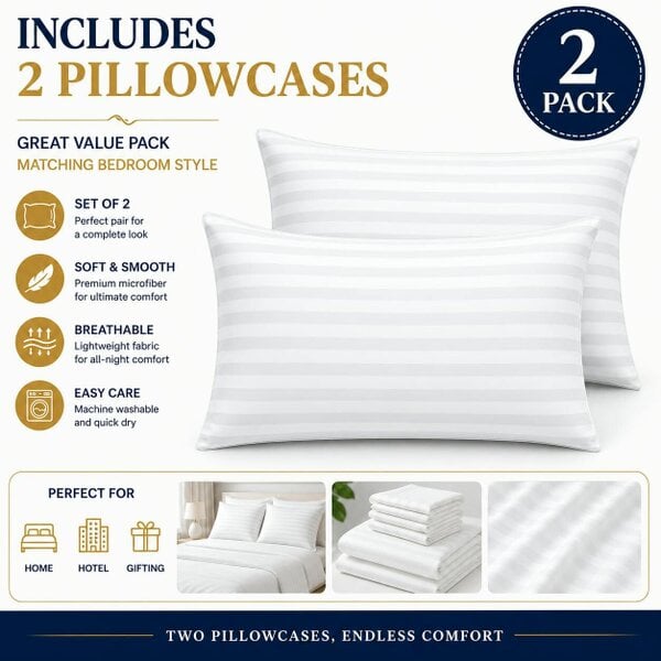 Night Zone Microfibre Stripe Pillowcase Set of 2 – Soft Hotel Style Bed Linen - White