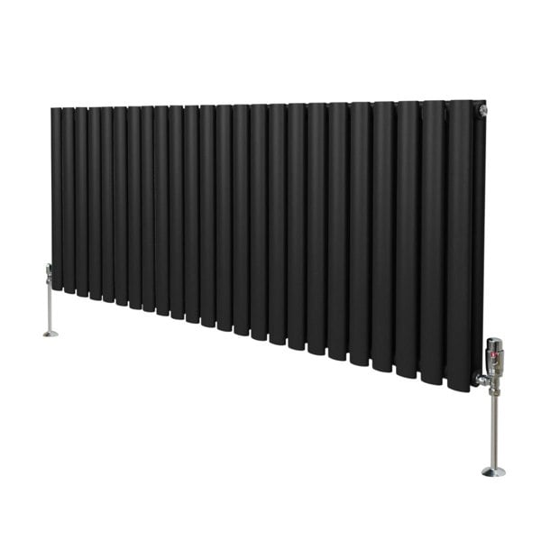 Sleek black oval column radiator measuring 600mm x 1440mm with modern vertical fins and stylish valves for efficient heating
