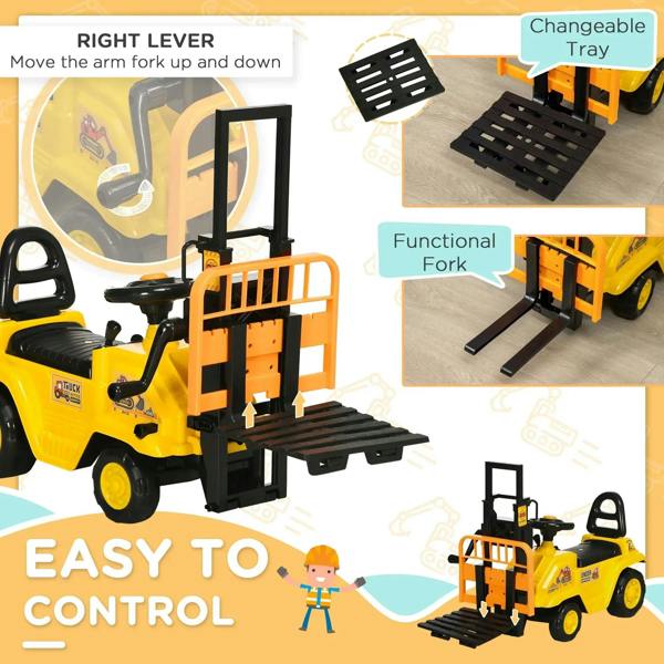 Yellow kids ride-on forklift truck with adjustable right lever, tray and functional fork
