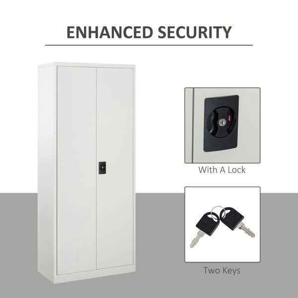 White filing cabinet with lock and two keys; two-door cabinet front.