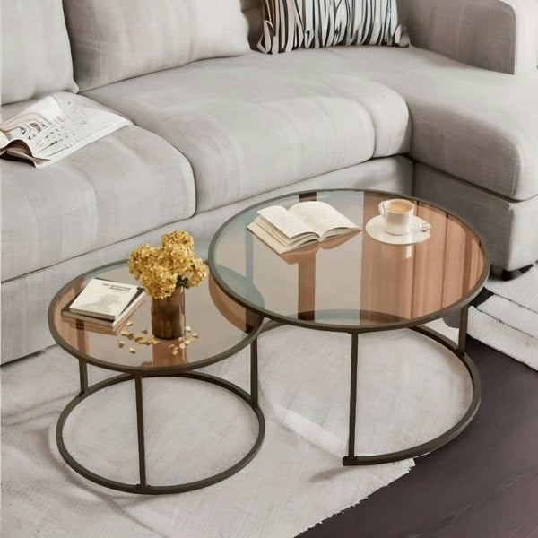 Rafaelo Mobilia Set Of 2 Round Nesting Tables With Tempered Glass Top Black