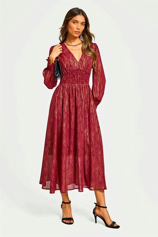 FS Collection Gold Stripe Foil Long Sleeve Maxi Dress In Wine