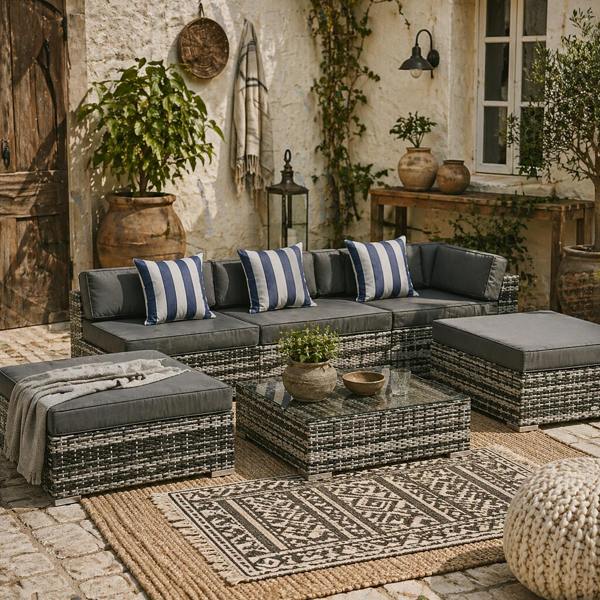 Wyld Haus Nona Rattan Grey 8 Seater Outdoor Sofa Coffee Table Set With Cushions
