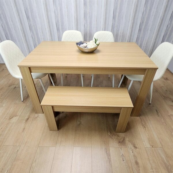 Kosy Koala Wooden Dining Table Set for 6 Oak Effect Table With 4 Cream Gem Patterned  Chairs and 1 Bench