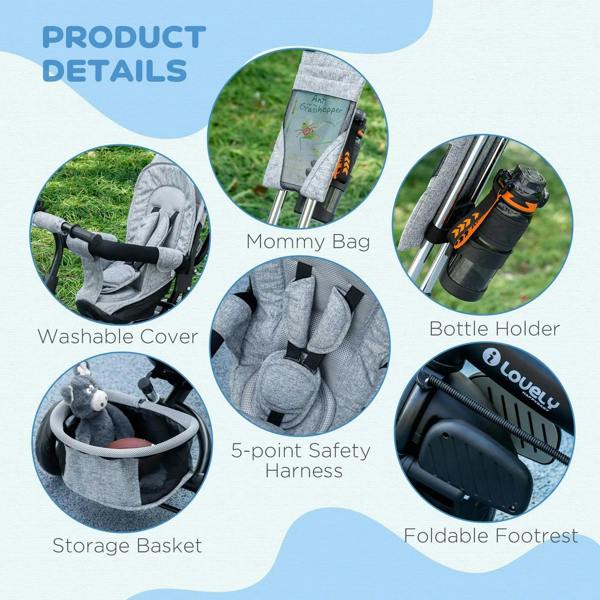 Grey kids trike with washable cover, storage basket, bottle holder, and 5-point harness