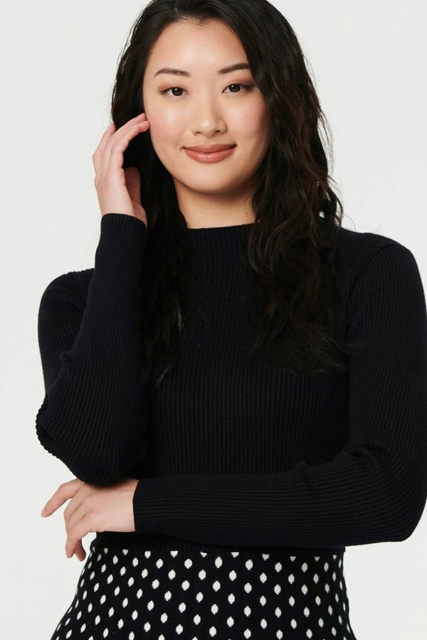 Black | Polka Dot Pleated Knit Skater Midi Dress
