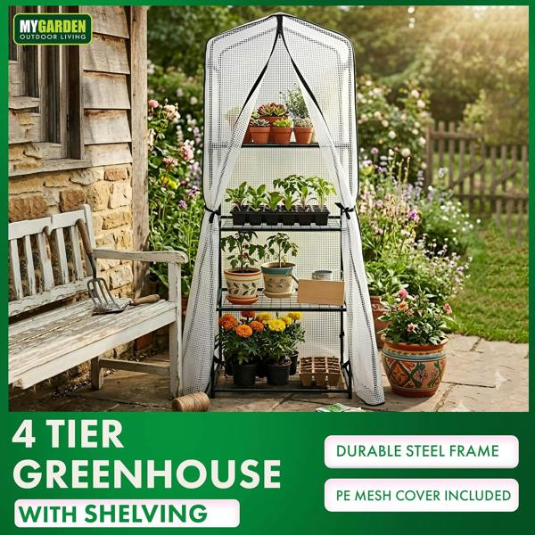 My Garden Outdoor Living My Garden Greenhouse 3 & 4 Tier with Shelving & PE Mesh Cover with Zip Closure-Free Standing Greenhouse Shelves & Steel Frame