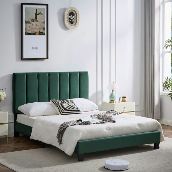 Furniture One Double Bed Frame, Upholstered Platform Bed Frame with Adjustable Headboard, Solid Wood Slats, Max Load 320KS