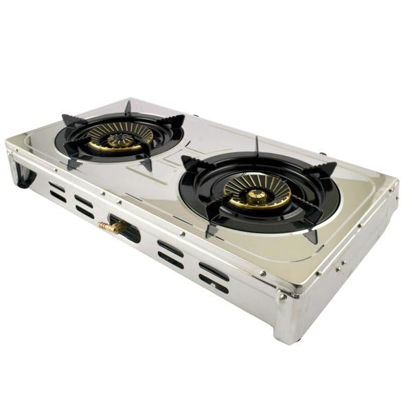 Portable gas stove with two burners and gas outlet
