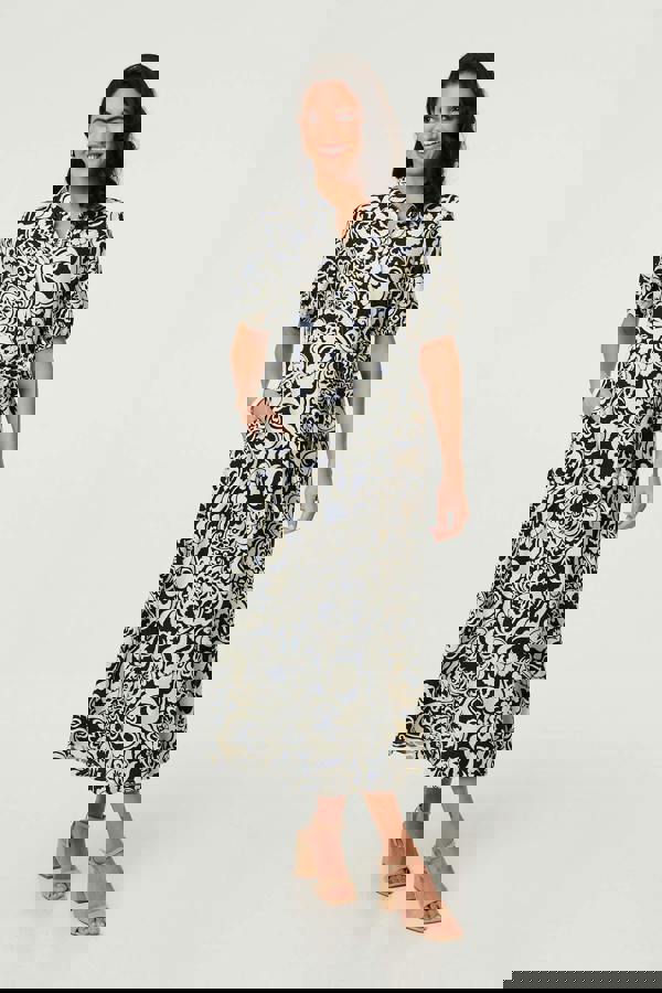 Navy | Printed 1/2 Puff Sleeve Midi Shirt Dress
