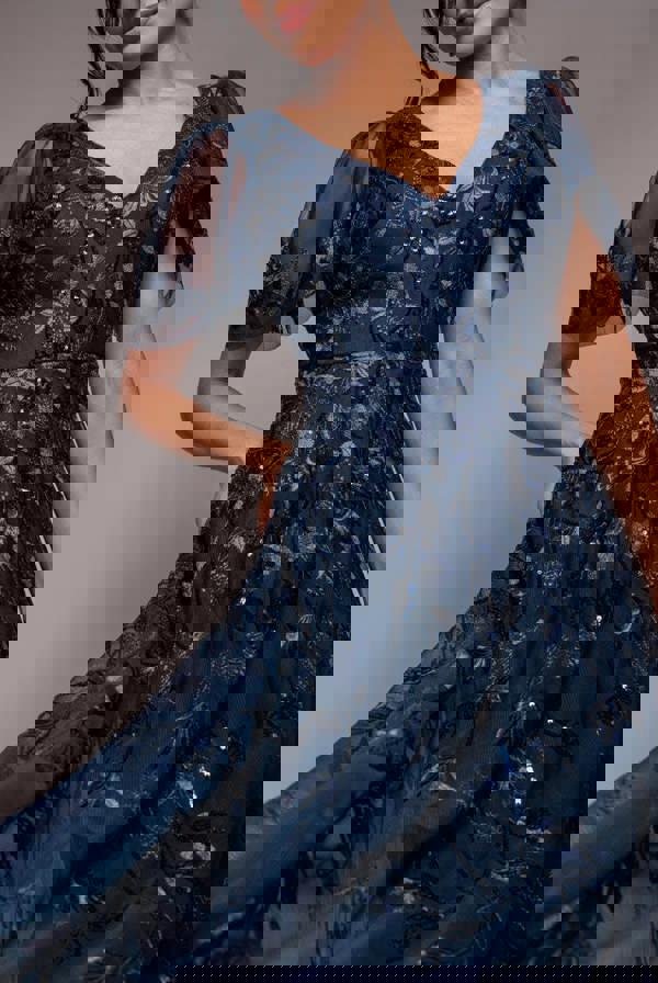 Flared Sleeve Embroidered Maxi Dress - Navy Blue DR3279A