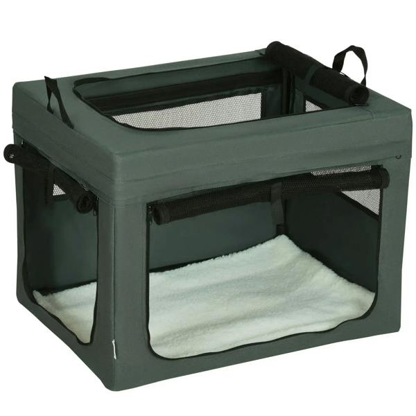 Grey fabric pet carrier with front zip door and mesh sides, includes light cushion mat