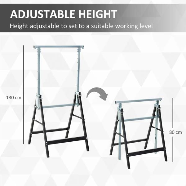 Folding adjustable-height steel trestle sawhorses with black legs and light gray frame