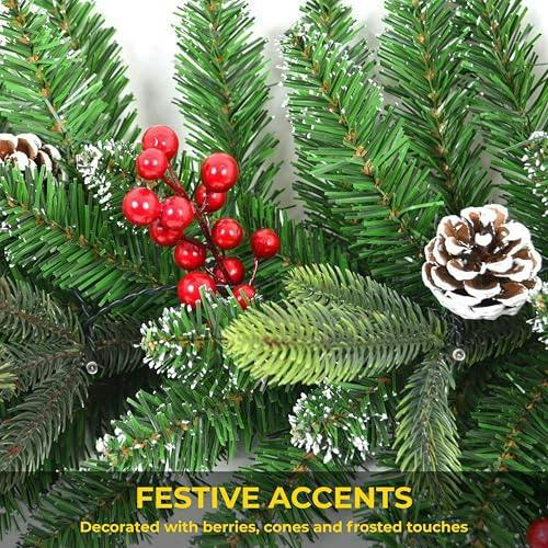 2m Green Pre-Lit Christmas Garland with Warm White LEDs, Berries, Pine Cones and Frosted Tips image 7