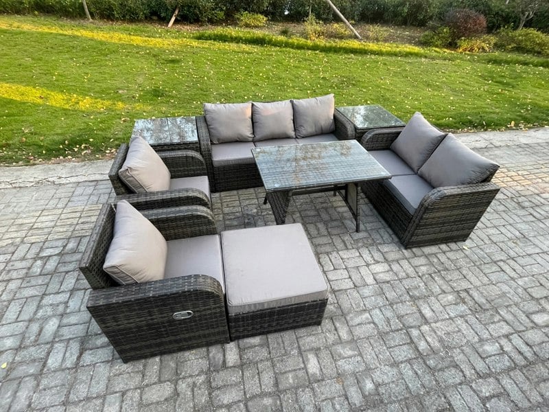 Fimous 8 Seater High Back PE Rattan Outdoor Dining Set - Reclining Chair, 3-Seater Sofa, Loveseat & 2 Side Tables