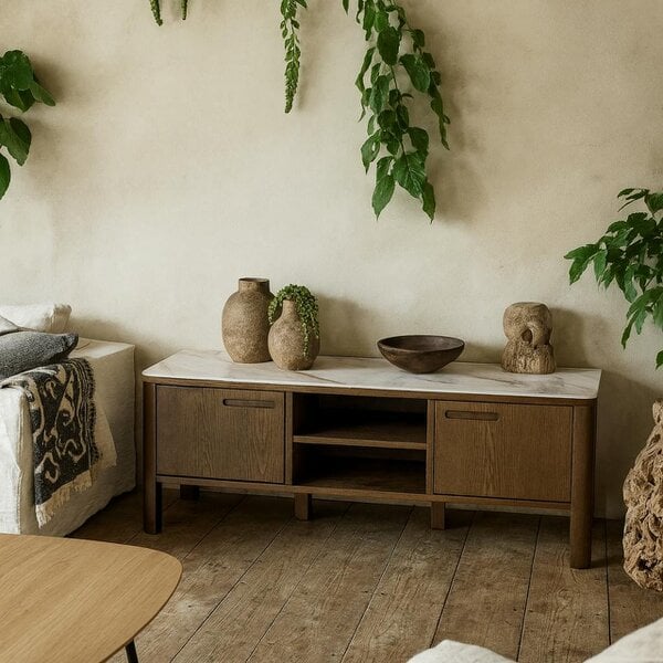Wyld Haus Cork Oak Veneer TV Unit with Cream Ceramic Top 2 Drawers 2 Shelves