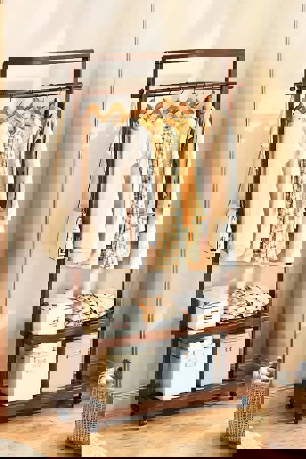 Living and Home Bamboo Rolling Clothes Garment Rack with 2-tier Shelves & Wheels - Brown