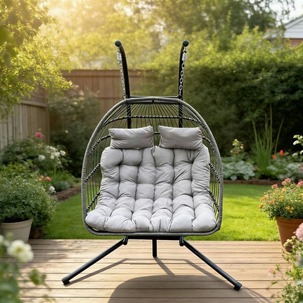 Fimous Indoor Outdoor Patio Rattan Double Egg Hanging Chair Garden With Grey Thick Cushion