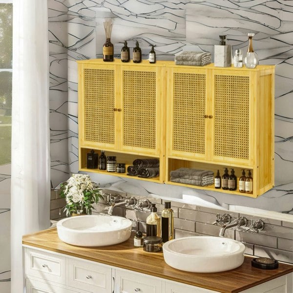 BMBO Wooden Bathroom Wall-Mounted Storage Cabinet Organiser Natural Brown