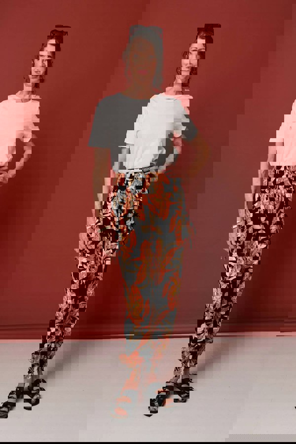 Orange | Leaf Print High Waist Tassel Harem Pants
