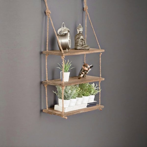 Rafaelo Mobilia 3 Tier Wooden Hanging Shelves With Rope Detail