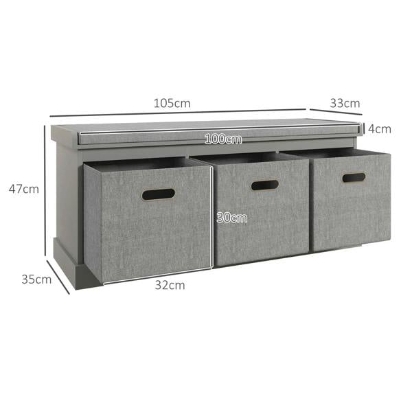 Grey shoe storage bench dimensions: 105cm wide, 47cm high, 32cm deep