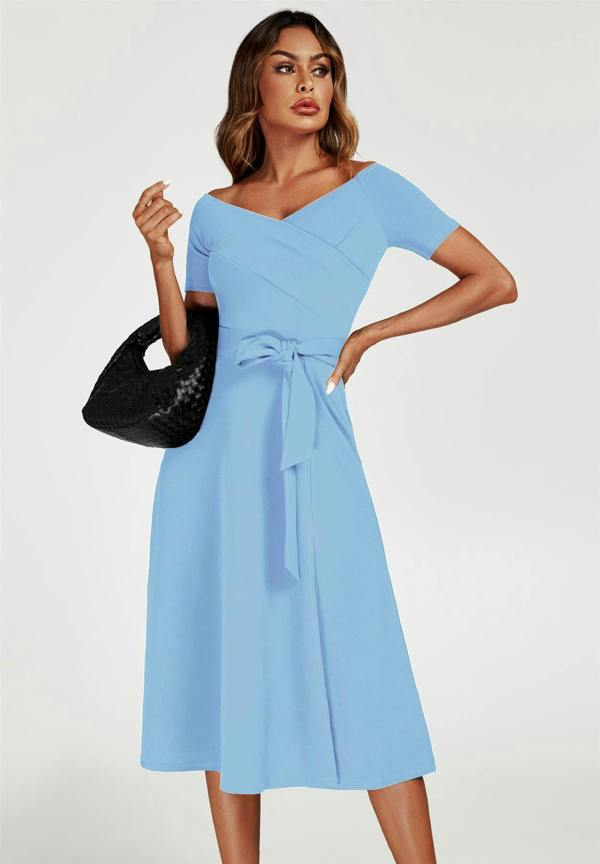 FS Collection Bardot Midi Dress In Light Blue