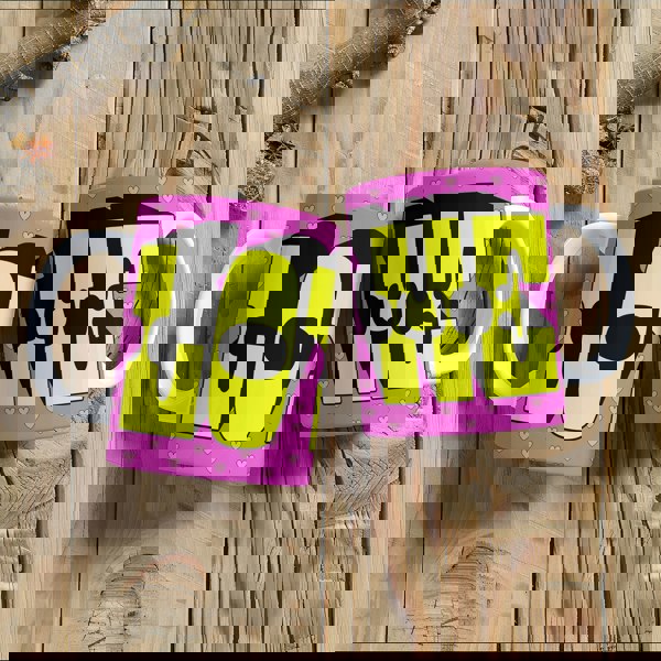 Pink & Yellow "Love Me" Mug. Designed by Love Frankie and printed in the UK.