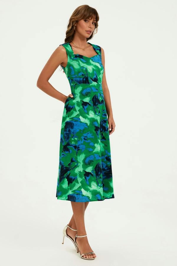 FS Collection Abstract Floral Print Heart Neck Midi Green