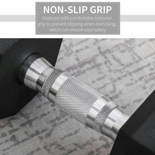 Silver knurled grip section of black rubber hex dumbbell with textured rubber end