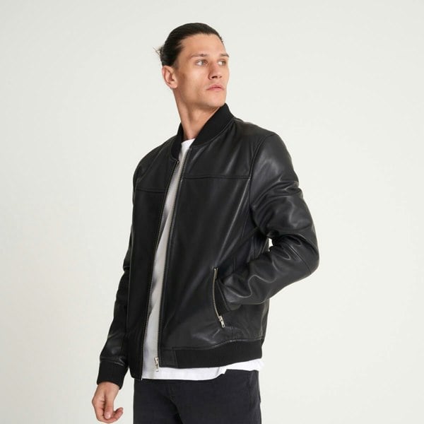 Image displays the black leather jacket as worn by a model with a heaight of 6ft 1in.