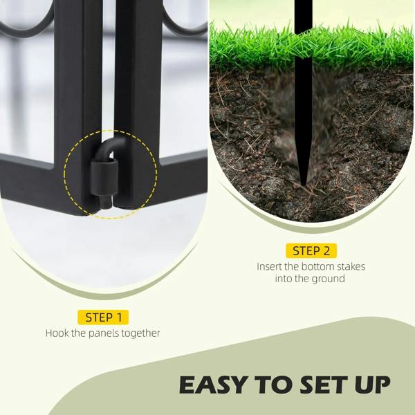 Black metal fence base with connector and bottom stake insertion for setup
