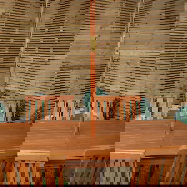 Samuel Alexander Outdoor 4 Person Rectangular Wooden Garden Dining Table Chairs with Grey Parasol and Base Set