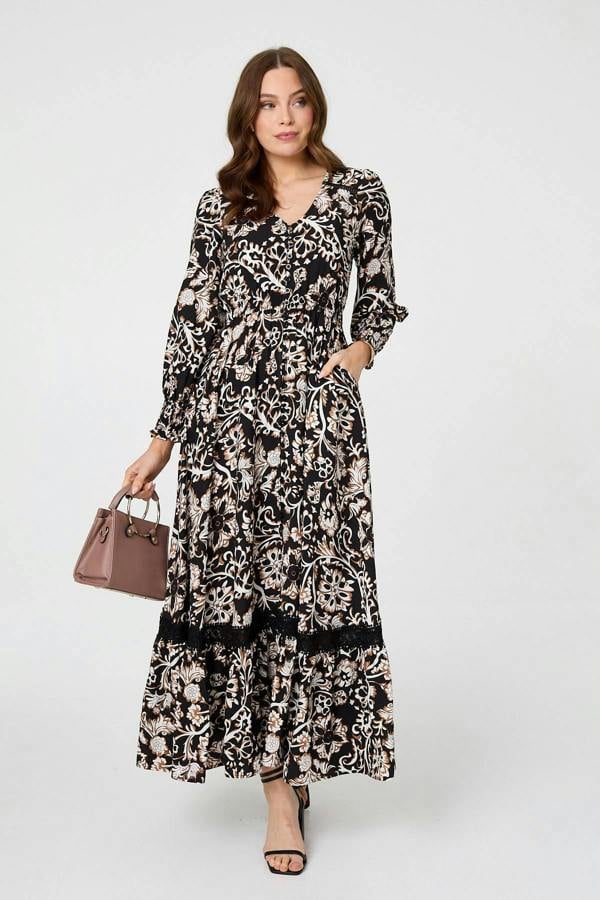 Black | Floral Lace Trim Long Sleeve Maxi Dress