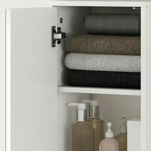 White tall cabinet interior with rolled towels and bathroom toiletries bottles