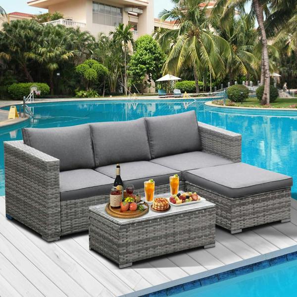 Leaper 3-Piece Rattan Garden Corner Sofa Set with Coffee Table & Washable Cushions