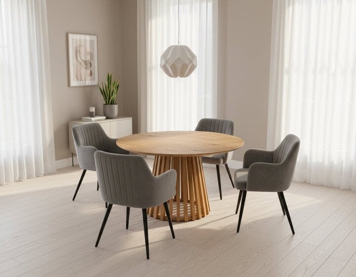 Outdoor Living Kayci Round Oak Dining Table with 4 Charlotte Velvet Chairs