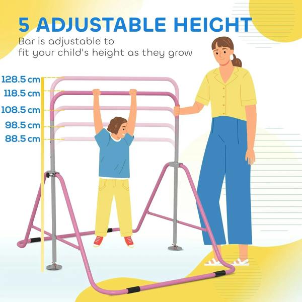 Pink kids gymnastic bar with multiple height settings and raised top bar