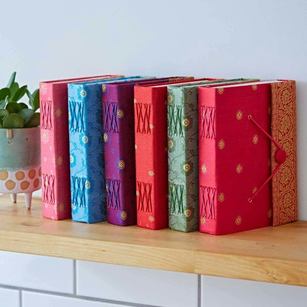 Six large Sari Fabric Journals with intricate patterns reminiscent of vibrant sari fabric are arranged upright on a wooden shelf next to a small green potted succulent.
