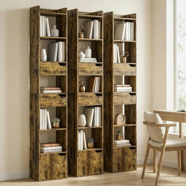 Bookcase Tall Narrow with 5 Tiers and Drawers Freestanding Bookshelf Storage Cabinet for Living Room Rustic Brown