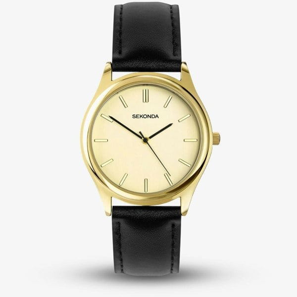 Sekonda Evans Gold Dial Black Leather Strap Watch 30253