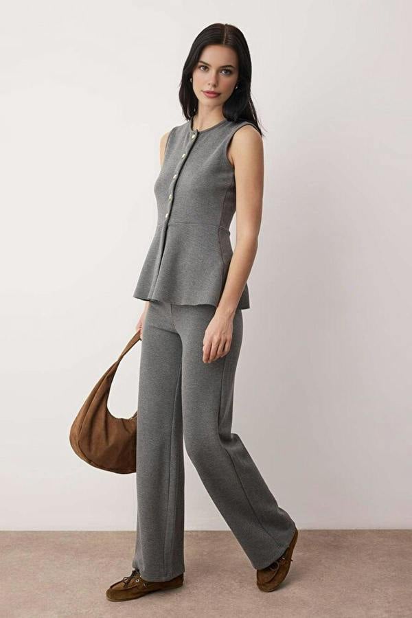 WOVCOR 2-Piece Buttoned Knitted Palazzo Bottom - Peplum Top Set