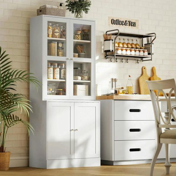 White kitchen display cabinet with glass doors over two storage cabinet doors