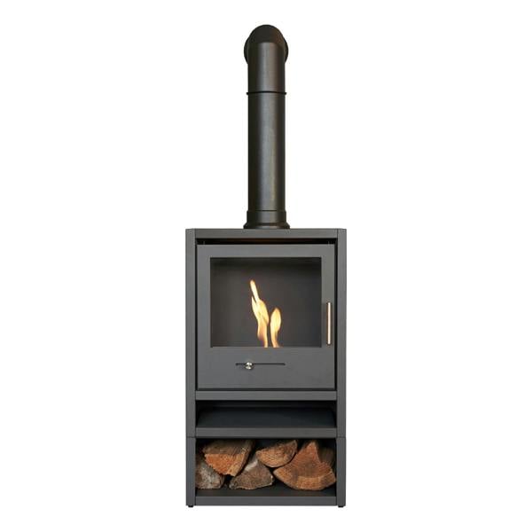 OKO S1 Bio Ethanol Stove with Log Storage in Charcoal Grey & Tall Angled Stove Pipe