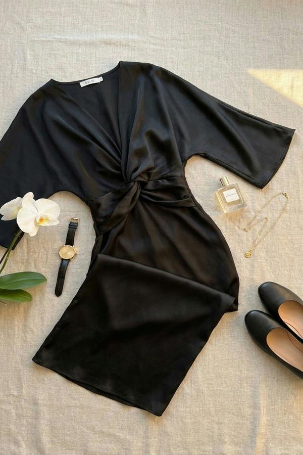 Kylie V-neck Twist Front Midi Dress - Black